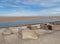 Concrete breakers on the beach at Leasowe Wirral June 2019