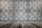 Concrete cement brick block wall and wooden floor perspective with the light on the top corner