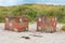 Concrete dice on foreshore near Bamburgh England