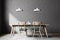 Concrete dining room interior, wooden chairs