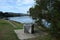 Concrete fish cleaning bench in a river park