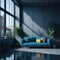 Concrete Industrial Style Living Room, Large Blue Sofa with Colorful Pillows, Green Pot Plant, Big Window with Sunlight, Grunge