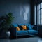 Concrete Industrial Style Living Room, Large Blue Sofa with Colorful Pillows, Green Pot Plant, Big Window with Sunlight, Grunge