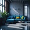 Concrete Industrial Style Living Room, Large Blue Sofa with Colorful Pillows, Green Pot Plant, Big Window with Sunlight, Grunge