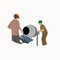 Concrete mixer. A builder pours cement from a concrete mixer. Man builder collects cement in a wheelbarrow. Building. Worker