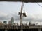 Concrete mixer truck pouring liquid concrete into the tower crane bucket at the construction site sanpada Navi Mumbai Maharashtra