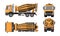 Concrete mixer truck. Side, top, front and back views. Orange isolated lorry with cement. 3d industrial blueprint