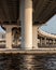 Concrete pillars of a large bridge. Bottom view