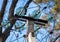 Concrete power line pillar with blue insulators