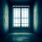 Concrete prison cell interior and bars at bright window