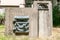 Concrete reinforcement entrance with safety steel metal doors to the underground bomb shelter in the city in case of war