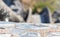 Concrete stone floor with a blurred background stairs down that is pathway down mountain. Sensitive focus