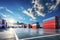 Concrete transshipment area with rows of shipping bulk containers and trucks under beautiful blue sky with clouds and shining sun