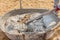 Concrete workers mixing and stirring the cement and sand in salver, building construction site.