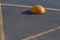 Concrete yellow half-sphere placed on grey asphalt and restricting the passage of traffic