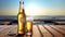 The condensation filled beer glass and the open beer bottle on the hardwood table. Generative AI