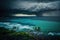Condensed stormy clouds over the ocean in New Zealand. Cyclone, typhon.