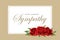 Condolences sympathy card floral red roses bouquet and lettering