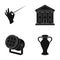 Conductor s baton, theater building, searchlight, amphora.Theatre set collection icons in black style vector symbol