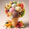 a cone full of fresh icecream gelato and big pieces of tropical fruits isolated gradient background