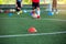 Cone marker is soccer training equipment on green artificial turf with blurry kid players training background