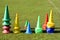 Cone markers on the green grass playground