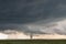 A cone tornado touches down under the base of a dark storm on the plains.