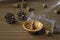 Cones Incense in a ceramic stand on a wooden table.