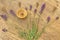 Cones incense and lavender flowers on a wooden table