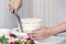 The confectioner`s hands decorate the cake with white cream