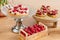 Confectionery with cream and berries. Baking baskets with fresh berries