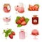 Confectionery desserts strawberry milk cake cupcake pink icon set delicious raw ripe jam and fresh product fruit healthy