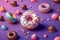 Confectionery. Illustration of cute donuts on purple background. Generative AI