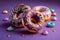 Confectionery. Illustration of cute donuts on purple background. Generative AI