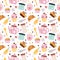 Confectionery seamless pattern. Pastries and sweet desserts. Kitchen ingredients and accessories. Sugar products