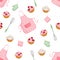 Confectionery seamless pattern. Vector illustration of sweet cupcake, pink apron, whisk, potholder and mittens