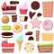 Confectionery sweets vector chocolate candies and sweet confection dessert in candyshop illustration of confected cake