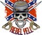 Confederate flag, skull wearing kepi and crossed cavalry swords