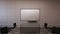 Conference room, brainstorming, forward moving camera, front white board presentation. sunset. 3D.