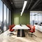 Conference room with meeting table and chairs and panoramic city view, 3D Rendering