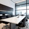 Conference room with meeting table and chairs and panoramic city view, 3D Rendering