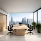 Conference room with meeting table and chairs and panoramic city view, 3D Rendering