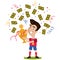 Confetti and banknotes showering victorious cartoon footballer celebrating and holding football trophy