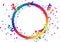 Confetti celebration, ribbons and paper scatter falling with circular ring spectrum rainbow frame using for holidays concept on