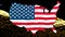 Confetti falling over american flag design over us map against digital wave on black background