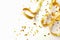 Confetti golden glitter ribbons falling on white background, Generative AI