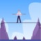 Confidence businessman danger walk balance on rope on high cliff, crisis management strategy, leadership skill