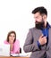 Confidence and charisma. Pretty woman looking at bearded man in office. Sexy woman boss and male employee working
