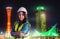 Confidence Female Engineer with safety equipment with night modern Kobe city in the background for City Development cocept