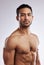 Confidence, shirtless and portrait of a man in a studio after a workout or body strength training. Serious, sports and